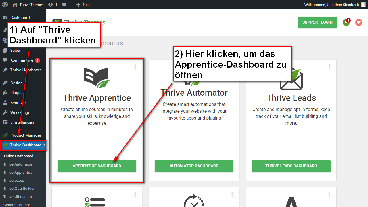 Screenshot, der das Dashboard von Thrive-Apprentice zeigt.